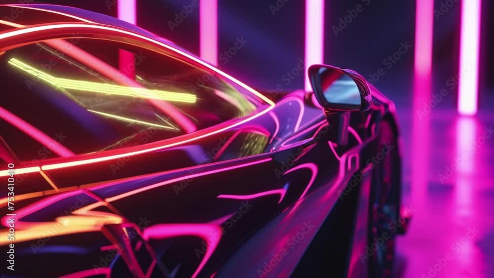 Poster detail shot of neon lines wrapping around the cars side mirrors adding a subtle yet vibrant touch to