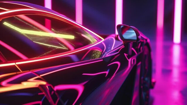 Detail shot of neon lines wrapping around the cars side mirrors adding a subtle yet vibrant touch to the overall design.