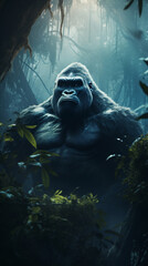 A detailed 3D animation of a gorilla peacefully interacting with its surroundings in a dense, mystical forest environment