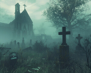 A chilling scene of a deserted graveyard blanketed in fog - obrazy, fototapety, plakaty
