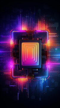 Create an abstract representation of a CPU using a combination of neon hues and rainbow gradients