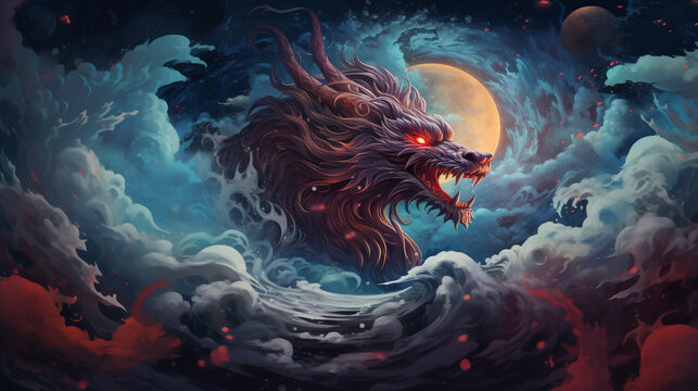 Kylin surrounded by swirling galaxies and intricate luxury patterns