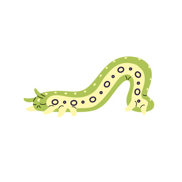 Cute green centipede sleeps. Sad butterfly, moth larva relaxes. Tired caterpillar with patterned skin. Little colorful upset worm character. Flat isolated vector illustration on white background