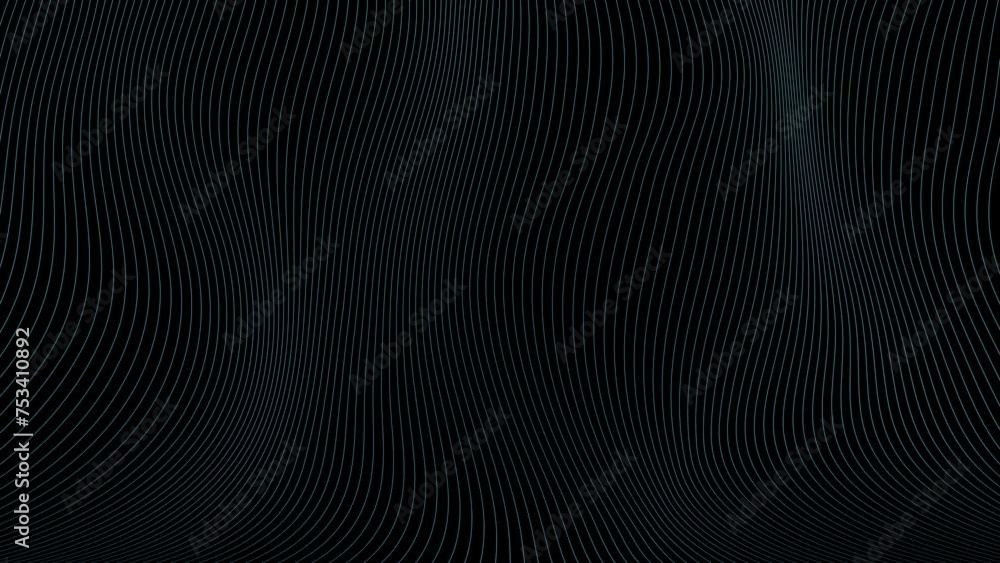 Poster abstract curved wavy lines loop motion on black background.