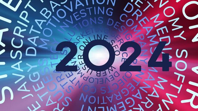 Business goals circle word cloud in year 2022 on blue red background.