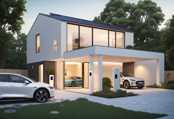 Illustration of family house with electric car and charging station