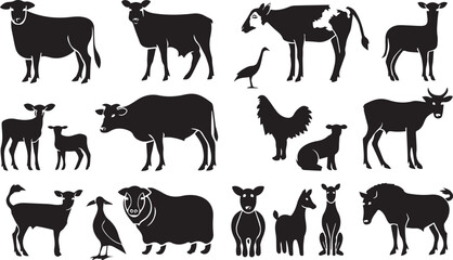 Collection of silhouettes of farm animals on white background