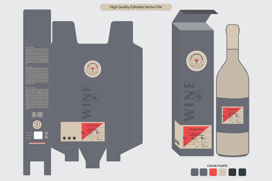 Wine bottle box design, premium red wine bottle gift box packaging design with 3d mockup illustration editable vector template download