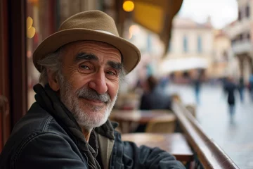 Wandcirkels tuinposter Portrait of a senior man in a hat sitting in a cafe in Florence, Italy © Stocknterias