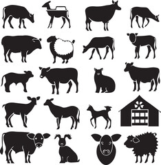 Collection of silhouettes of farm animals on white background
