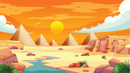 Colorful vector illustration of pyramids in Egypt at sunset