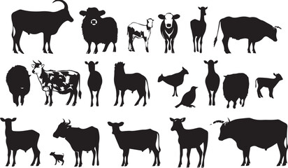 Collection of silhouettes of farm animals on white background