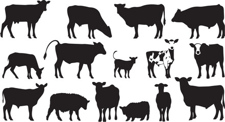 Collection of silhouettes of farm animals on white background