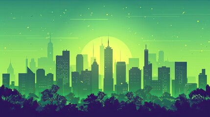 Serene green city skyline: A minimalist flat design illustration with iconic architectural forms