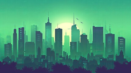 Serene green city skyline: A minimalist flat design illustration with iconic architectural forms