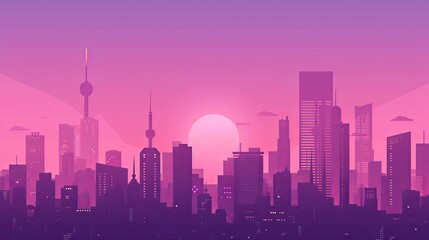 Fototapeta na wymiar Pink hues of a minimalist skyline: Surreal cityscape with iconic architectural silhouettes in flat design