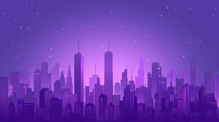 Purple twilight descends on a minimalist city: Iconic silhouettes and whimsical design in a serene skyline illustration.