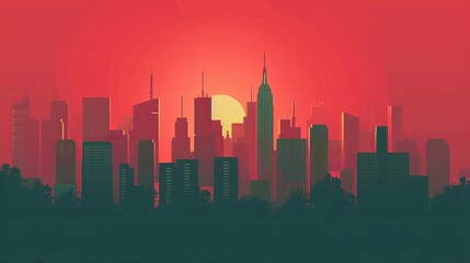 A vibrant red skyline at dusk: Iconic buildings captured in a minimalist flat design with a whimsical touch