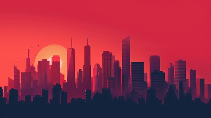 A vibrant red skyline at dusk: Iconic buildings captured in a minimalist flat design with a whimsical touch - obrazy, fototapety, plakaty