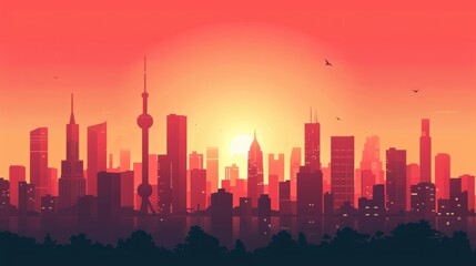 Fototapeta premium A vibrant red skyline at dusk: Iconic buildings captured in a minimalist flat design with a whimsical touch