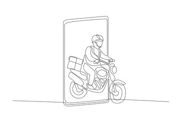 Continuous one line drawing of delivery man coming out of smartphone screen, food delivery or parcel delivery service concept, single line art.