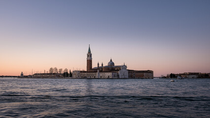 View of the Church of San Giorgio Maggiore, a 16th-century Benedictine church on the island of the...