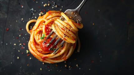 Close-up of spaghetti and Bolognese on a silver fork against a dark background with a space for text, Generative AI.