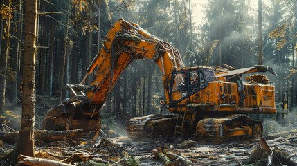 Crane forwarder equipment operating in a forest with many trees in the background and space, Generative AI. - obrazy, fototapety, plakaty