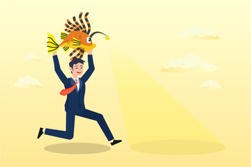 Businessman carry angler fish use as flashlight to guide the way, business direction, flashlight to see opportunity, spotlight to bright success future, leadership, aptitude to solve problem (Vector)