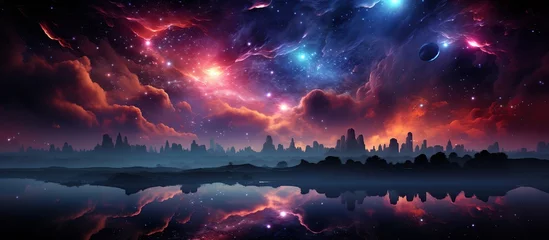 Peel and stick wall murals purple Fantasy landscape with planet and stars.