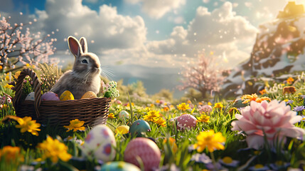 Happy Easter background with easter bunny, easter eggs, easter basket and flowers scene. AI Generated - obrazy, fototapety, plakaty