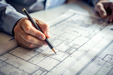 Close-up of Architect's Hand Drawing Blueprint