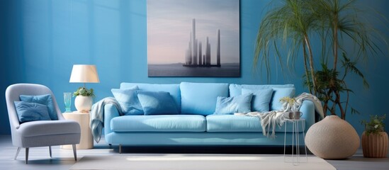 Comfortable sofa in a pleasant blue living room - obrazy, fototapety, plakaty