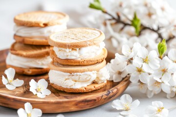 Obraz na płótnie Canvas Vanilla Ice Cream Sandwiches With Sugary Cookies on a Wooden Plate Amidst Blossoming Branches