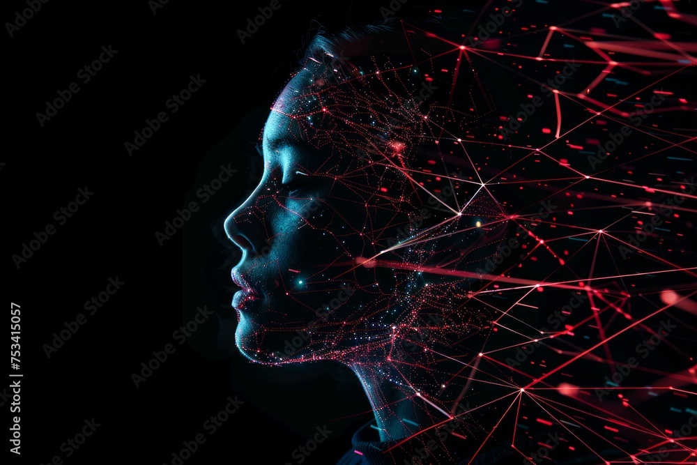 Aufkleber womans profile against a dark background illuminated by a network of glowing lines