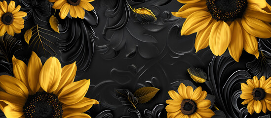 sunflowers at black wall texture, spring summer concept background