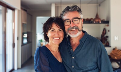Mature Couple Embracing in a Cozy Home Kitchen During Daytime