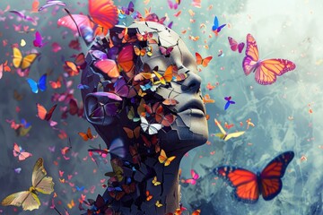 Digital artwork illustration featuring a shattered human sculpture surrounded by colorful butterflies, representing freedom and transformation