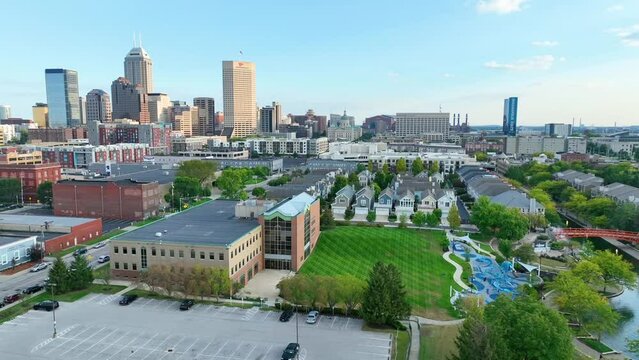 Aerial View of Indianapolis Skyline and Canals with Tracking Shot