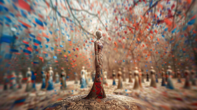 Statue of a woman over a crownd of other statues standing as their leader..