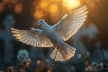 A dove flying over a christian cross. - obrazy, fototapety, plakaty