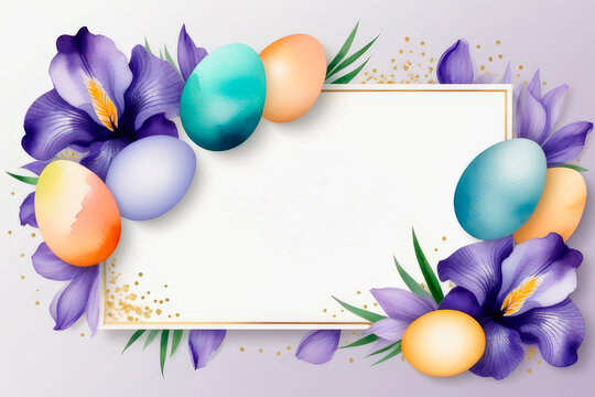 Celebrating Easter mockup, holiday greeting card watercolor with flowers iris and colored eggs.