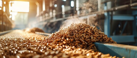 In power plant boilers, wood pellet biomass is combined with coal to burn fuel and produce steam and electricity against blurry backdrop, Generative AI.