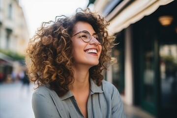Portrait of happy young woman with curly hair and eyeglasses - obrazy, fototapety, plakaty