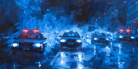 Idea for an action film On a foggy dark background police cars and a miniature movie are displayed - obrazy, fototapety, plakaty