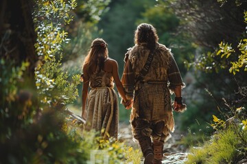 adam and eve walking together in a wilderness, wearing animal skin clothes, Sony A7 IV, perfect lighting, cinematic photography --ar 3:2 --stylize 250 Job ID: 560cbcda-8ab2-4493-9098-91c754fc1fc3