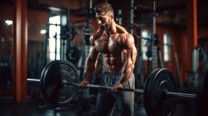 Fototapeta na wymiar A handsome strong Caucasian Male bodybuilder with pumped muscles, shoulders, biceps, triceps, Abs trains with barbells, prepares for competitions in the gym. Fitness, Sports, Healthy lifestyle concept