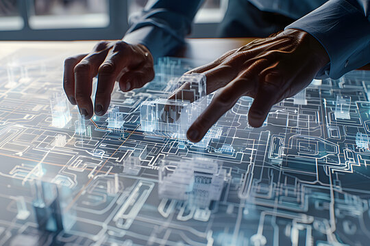 An artist's hands working diligently, tracing paper overlaid on a detailed map of a futuristic city