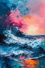 Abstract colorful waves on the beach oil painting with strong brush stroke wall art - obrazy, fototapety, plakaty