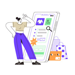 Customer buys on sale at online marketplace. Consumer makes purchases on discounts by smartphone. Web shopping with delivery service. Flat isolated contour vector illustration on white background